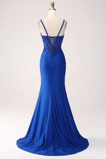 Glitter Royal Blue Mermaid Spaghetti Straps Long Ball Dress with Appliques